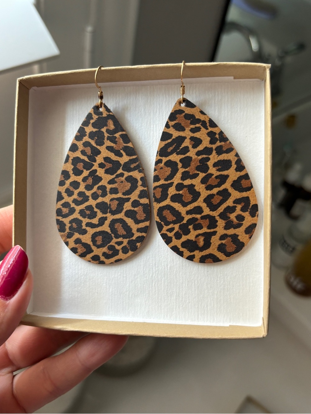 Nickel & Suede Leopard Print Teardrop Earrings - Brown/Black